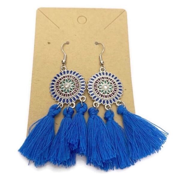 Blue Round Tassel Drop Earrings - Picture 3 of 3